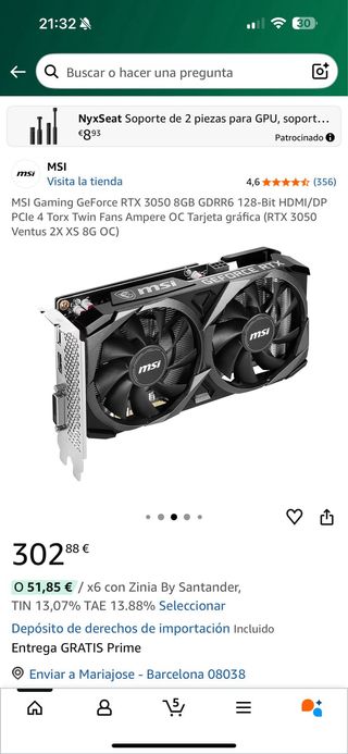 MSI GeForce RTX 3050 8GB GDDR6 Tarjeta Gráfica