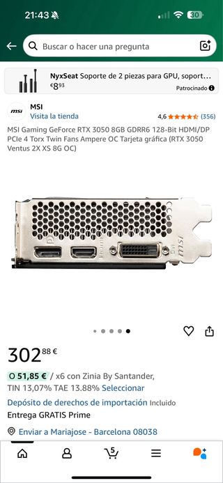 MSI GeForce RTX 3050 8GB GDDR6 Tarjeta Gráfica