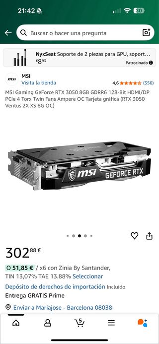 MSI GeForce RTX 3050 8GB GDDR6 Tarjeta Gráfica