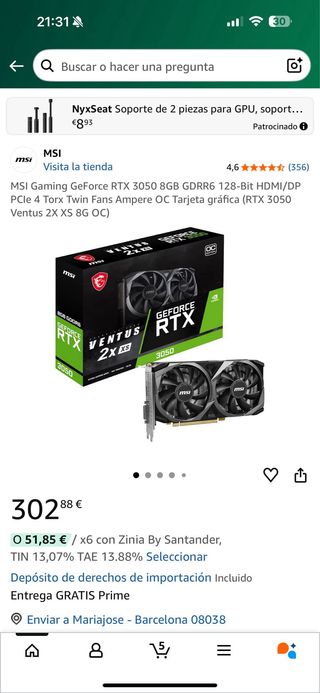 MSI GeForce RTX 3050 8GB GDDR6 Tarjeta Gráfica