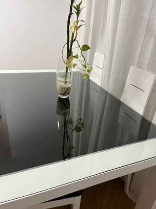 Mesa comedor cristal negro y 4 sillas blancas.