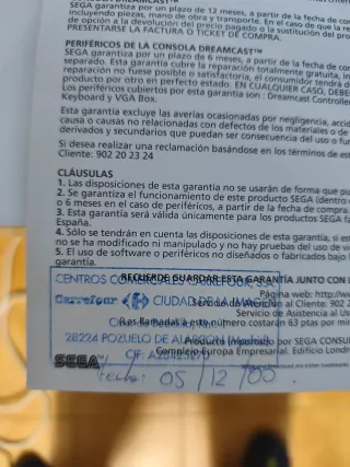 Garantía SEGA Dreamcast OJO CON SELLO