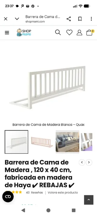 Barrera de Cama Madera Blanca 120x40cm