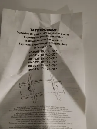 Soporte TV VITECOM Plasma/LCD 30-50 75Kg