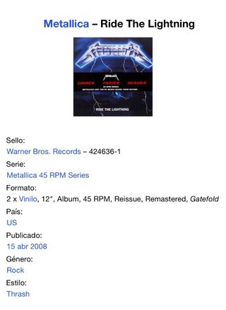 Metallica - Ride the Lightning Vinilo