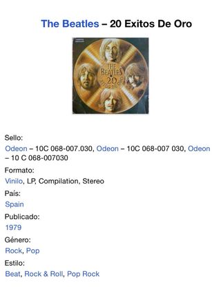 The Beatles 20 Exitos de Oro Vinilo