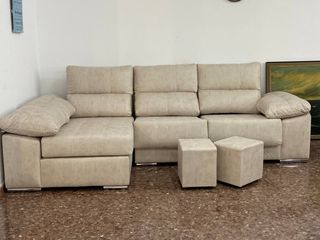 Sofá chaise longue beige con 2 puff - envío gratis