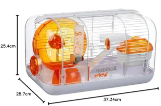 Jaula para hámster transparente y naranja.