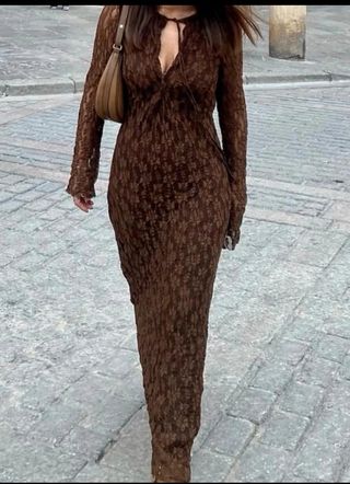 Vestido largo encaje marrón, Vale para S