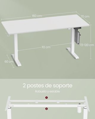 VASAGLE Escritorio Eléctrico 160×60 cm Altura 72–120 cm Blanco