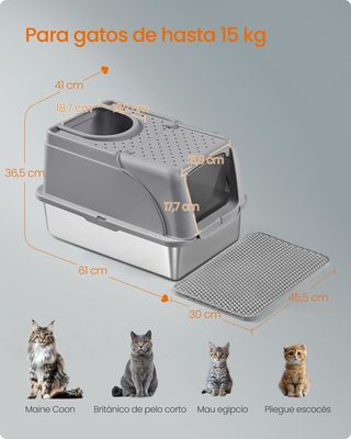 Feandrea Caja de Arena de Acero Inoxidable para Gatos con Tapa Abatible, Arenero XL
