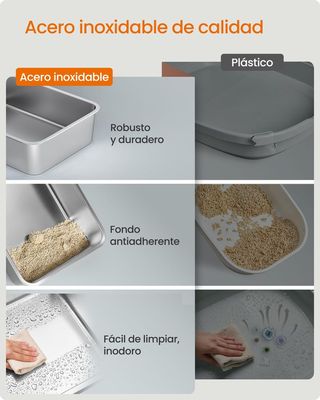 Feandrea Caja de Arena de Acero Inoxidable para Gatos con Tapa Abatible, Arenero XL