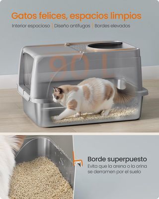 Feandrea Caja de Arena de Acero Inoxidable para Gatos con Tapa Abatible, Arenero XL