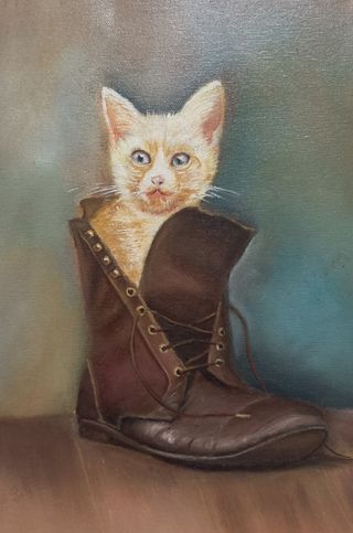 Pintura al óleo de gato en bota