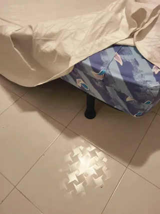 Cabezal, colchón, somier y mesita.