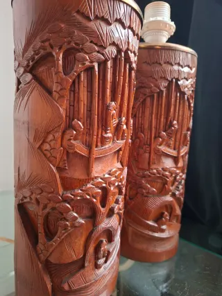Coppia Lampade Antiche in Bambù Intagliato