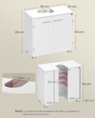 VASAGLE Armario Bajo Lavabo, Mueble de Baño, 2 Compartimentos Detrás de Las Puertas