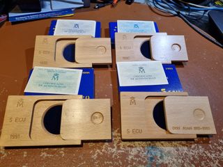 4 Cajas Monedas 5 ECU España + Certificados