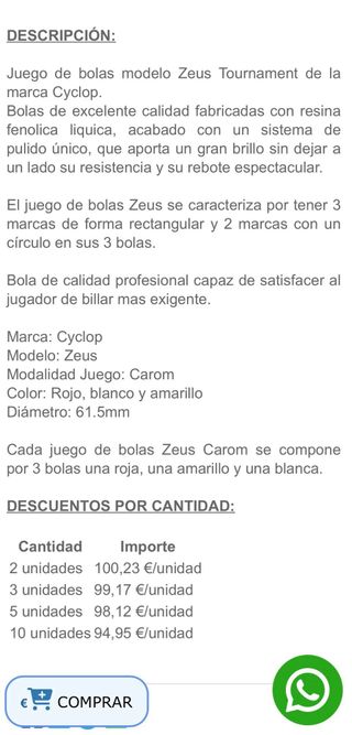 Bolas de billar Carambola Cyclop Zeus 61.5mm