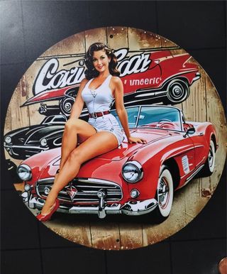 Letrero cartel Metálico Vintage Pin-Up Coche 1950