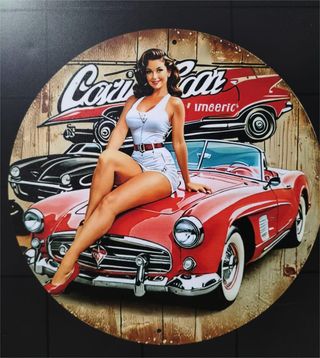 Letrero cartel Metálico Vintage Pin-Up Coche 1950