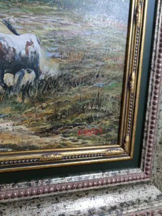 Cuadro de toros en el campo. Oleo pintado
