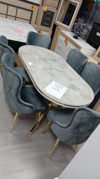 Mesa y 6 Sillas Turcas Mármol y Terciopelo