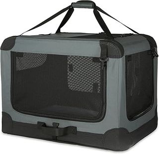 Amazon Basics Transportín portátil plegable de 4 puertas para perros y gatos, Gris, M 76 cm x 54 cm x 54 cm