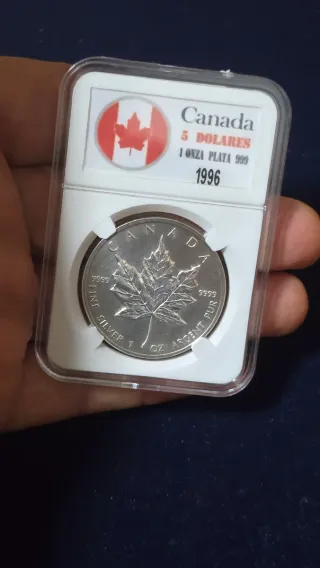 Onza Plata Canadá 1996 5 Dólares Hoja Arce