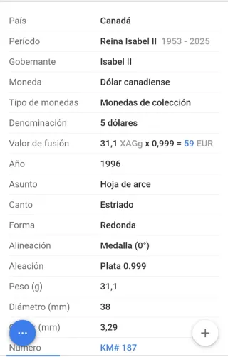 Onza Plata Canadá 1996 5 Dólares Hoja Arce