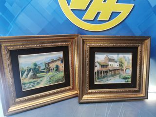 Óleos sobre tela. 2 Cuadros de “Cañón”. Paisajes rurales. Principios s.XX. Bonitos marcos de madera con pan de oro, muy bien hechos. En perfecto estado.