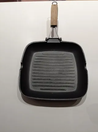 Sartén Parrilla Hierro Fundido Mango Madera