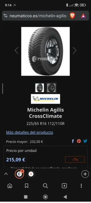 4 Neumáticos Invierno 225/65 R16 CP Michelin