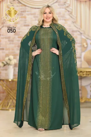 Vestido largo azul con detalles dorados