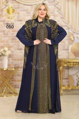 Vestido largo azul con detalles dorados