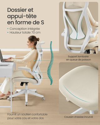 SONGMICS Silla de Oficina, Silla de Escritorio, Respaldo Ergonómico, Altura Ajustable
