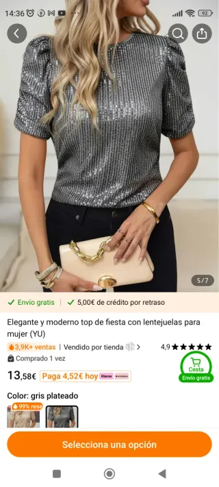 Top fiesta lentejuelas gris plateado