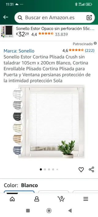 Persiana plisada sin taladro 105x200cm