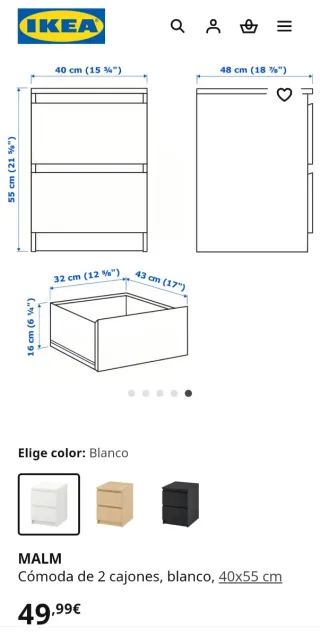 Mesita de noche Ikea Malm Blanca