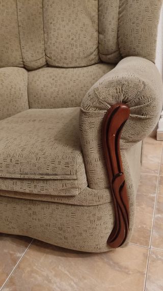 Sofá 3 plazas tela y madera