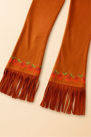 Nuevo Pantalón marrón con flecos y bordado