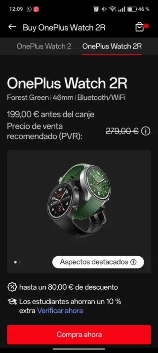 Smartwatch OnePlus Verde y Plateado