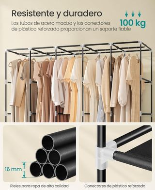 SONGMICS Armario, 5 Barras de Ropa, Estantes, 4 Bolsillos Laterales, Almacenamiento, de Tela, Perchero