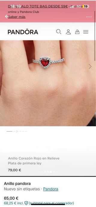Anillo Pandora Corazón Rojo Plata