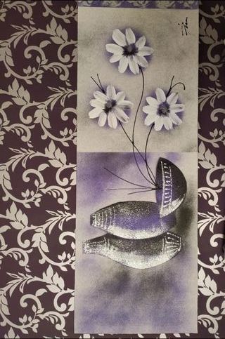 Cuadro horizontal flores y jarrones morado