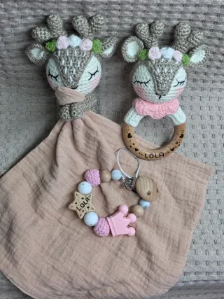 Canastilla bebé crochet ciervo y chupetero