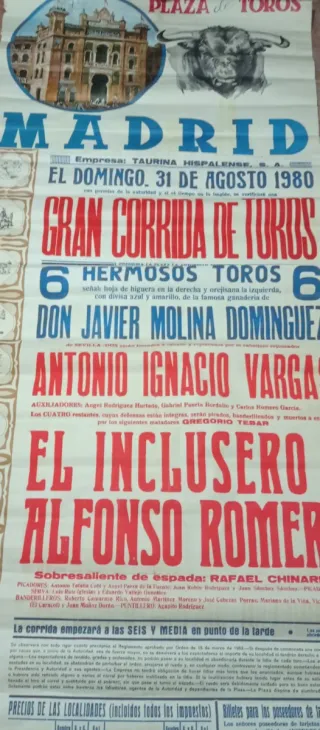 Cartel Toros Madrid 1980