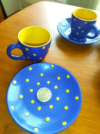 Juego 4 Tazas Café Azul y Amarillo