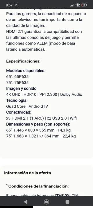 Televisor TCL 65 pulgadas Smart TV Android 65P635