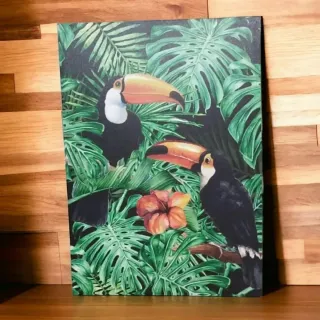 Cuadro de tucanes y flores tropicales